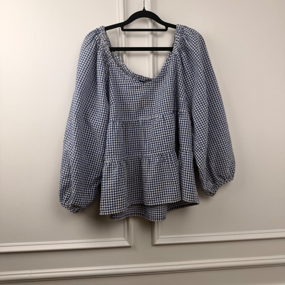 Womens Blue White Gingham Tiered Babydoll Balloon Sleeve Blouse Large